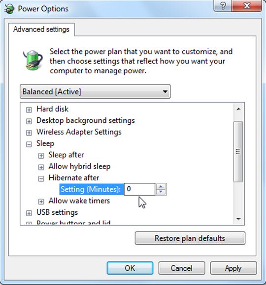 Thiết lập thời gian ngủ đông sau khi bấm nút Hibernate