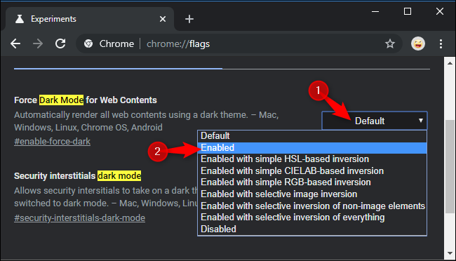 Bật chế độ tối bắt buộc cho trang web trong thử nghiệm của Chrome.