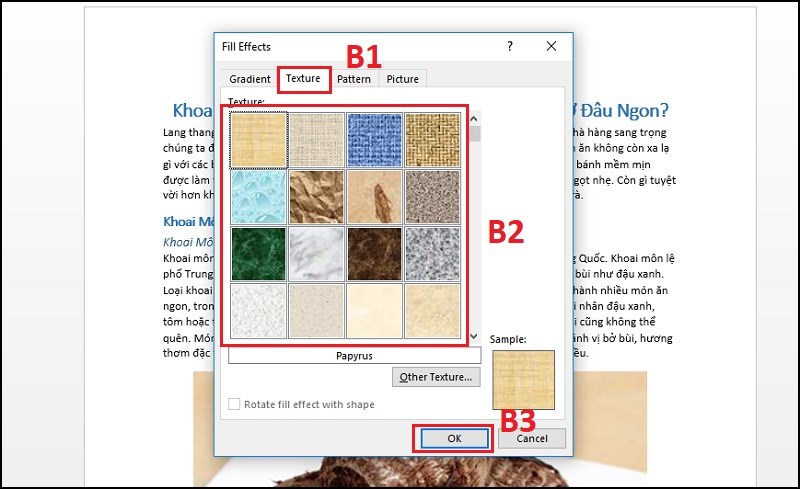 Tại mục Texture chọn 1 hiệu ứng đổ màu Tại mục Texture chọn 1 hiệu ứng đổ màu