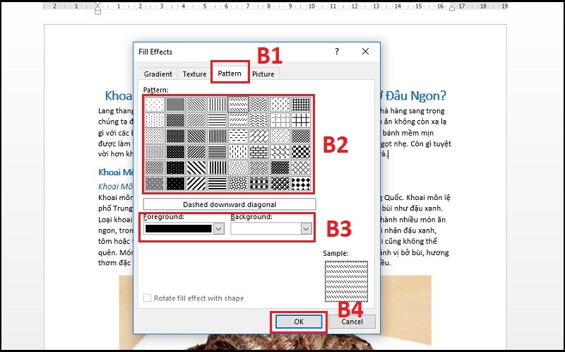 Tại mục Pattern chọn hình nền có hiệu ứng đổ màu theo mẫu Tại mục Pattern chọn hình nền có hiệu ứng đổ màu theo mẫu