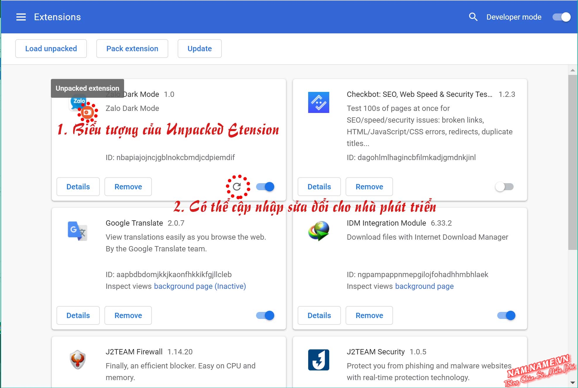 Chức năng quản lý Extension dành cho nhà phát triển