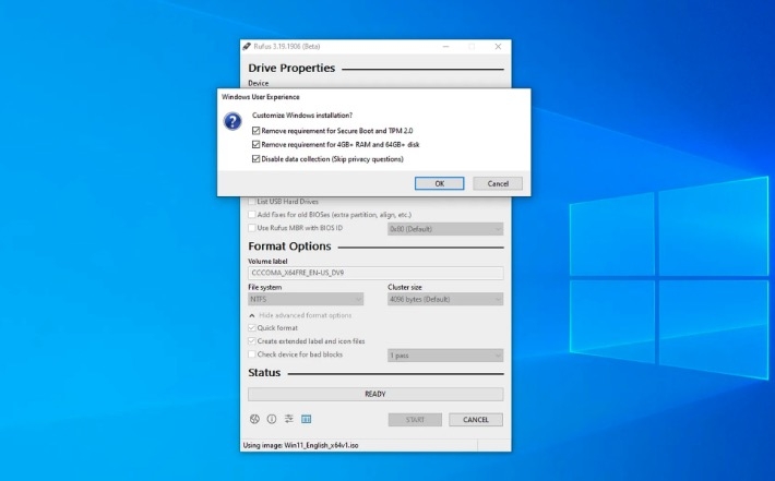 Rufus 3.19 cho phép bỏ qua yêu cầu TPM 2.0 khi cài đặt Windows 11