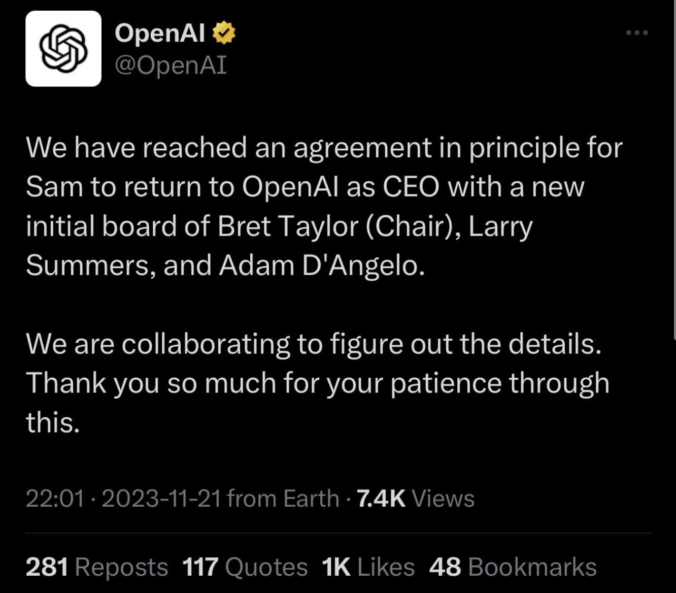 Sam Altman trở lại vị trí CEO OpenAI sau 4 ngày bị sa thải