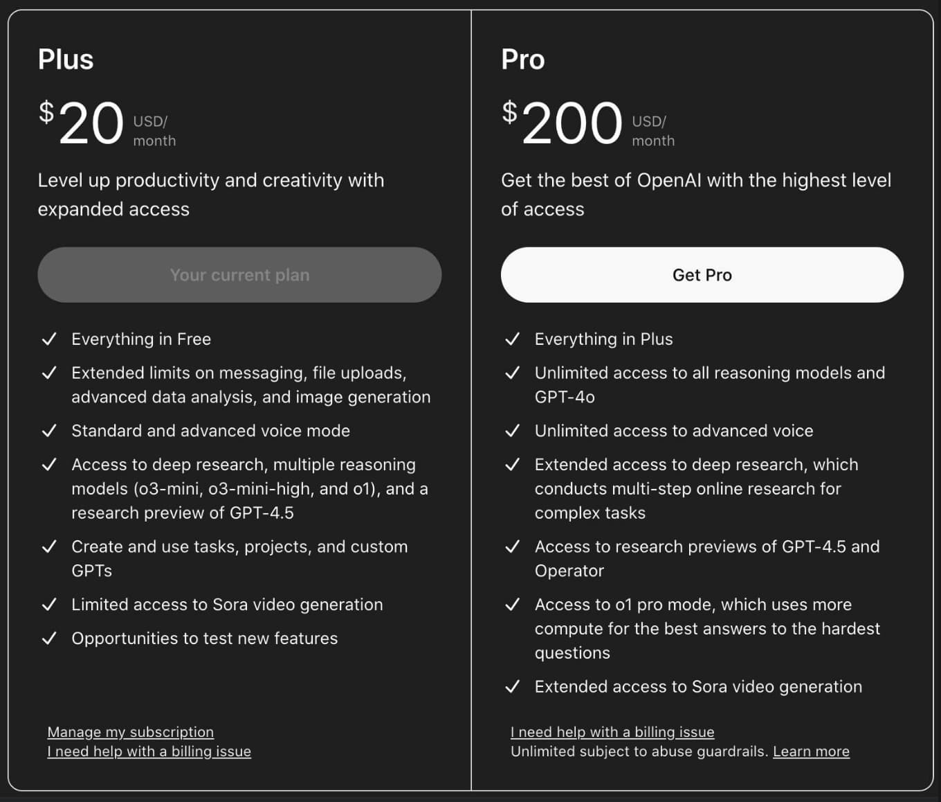 So sánh các tính năng và lợi ích của ChatGPT Pro ($200/tháng) và ChatGPT Plus ($20/tháng)