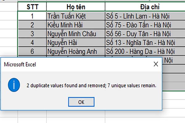 Kết quả xóa dữ liệu trùng lặp