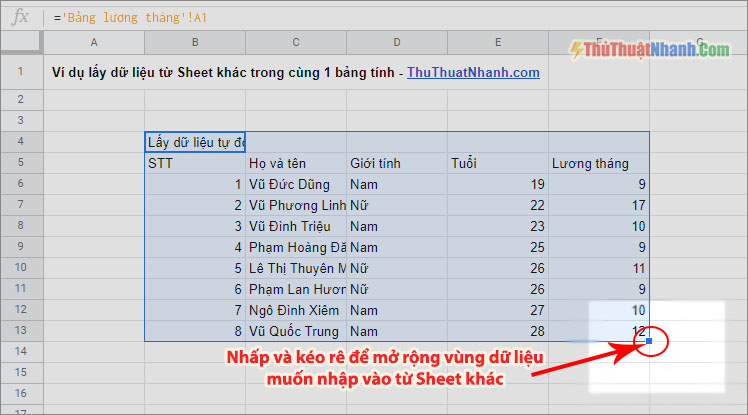 cách mở rộng vùng dữ liệu muốn nhập từ sheet khác